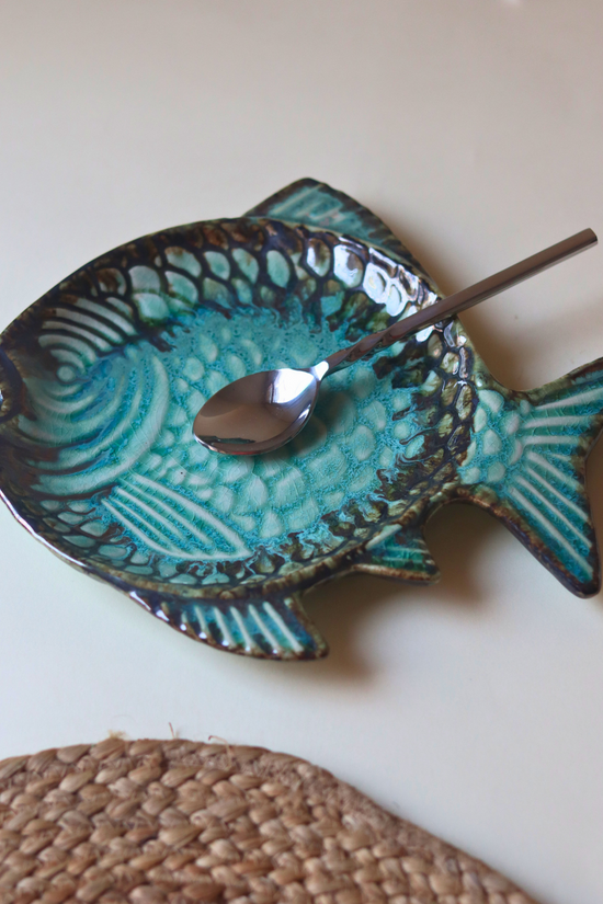 Stunning sea green fish platter with spoon