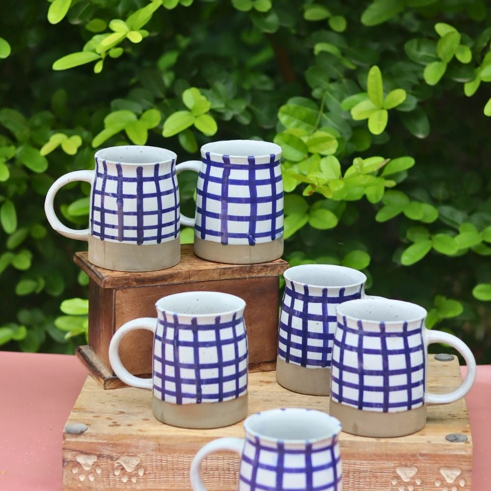 handmade Set of 6 - Blue Checkered Mug