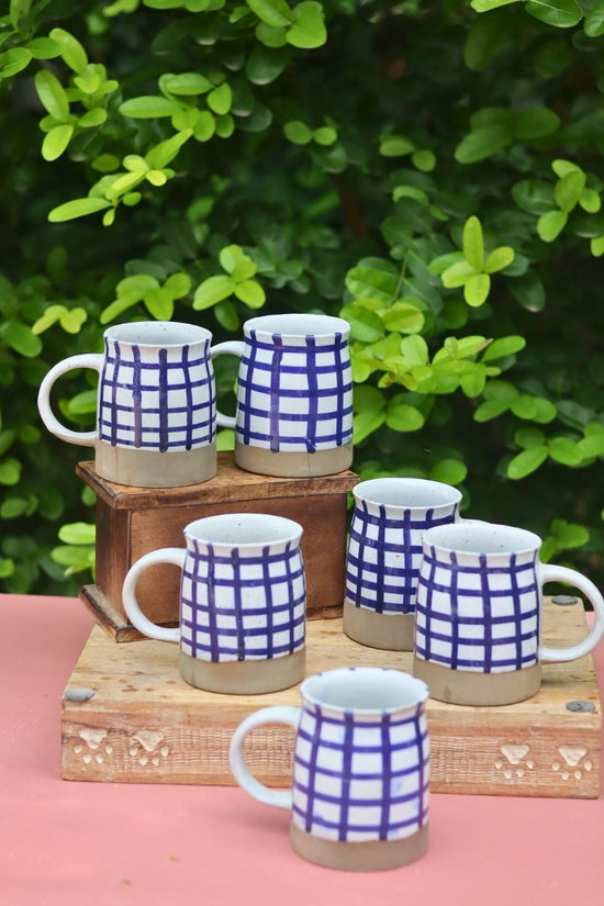 handmade Set of 6 - Blue Checkered Mug
