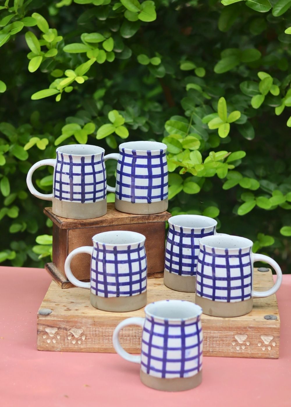 handmade Set of 6 - Blue Checkered Mug