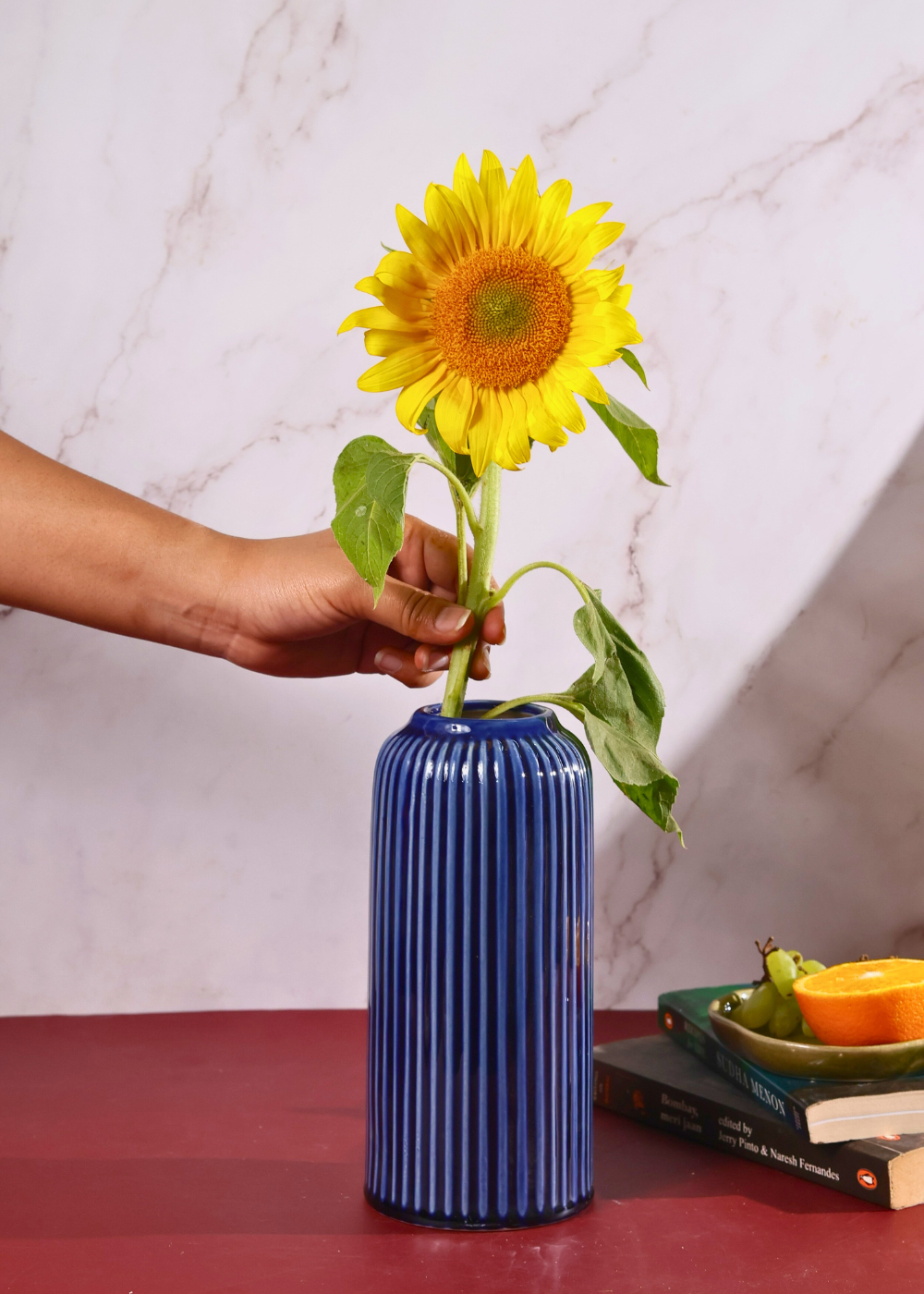 ceramic glossy blue lined vase