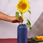 ceramic glossy blue lined vase
