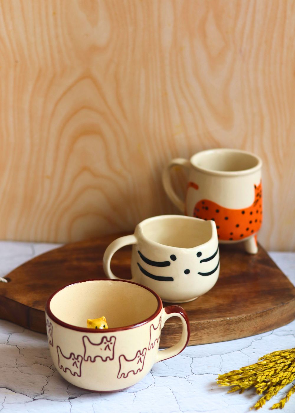 Set of 3 Catty Mugs handmade in india