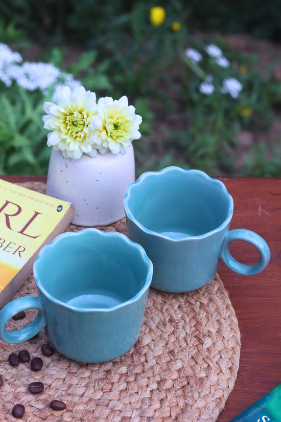Teal wavy mug handmade in India