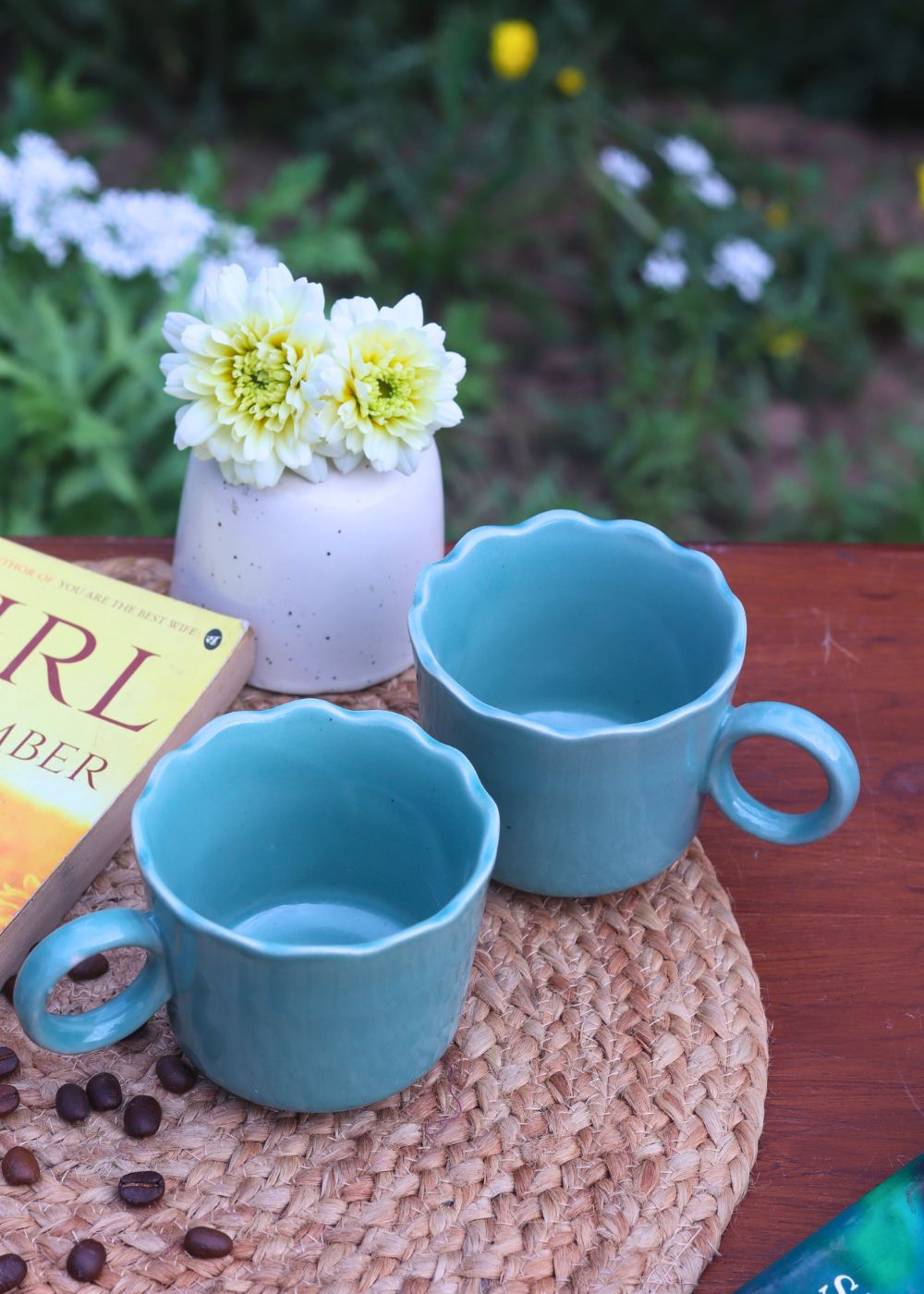 Teal wavy mug handmade in India