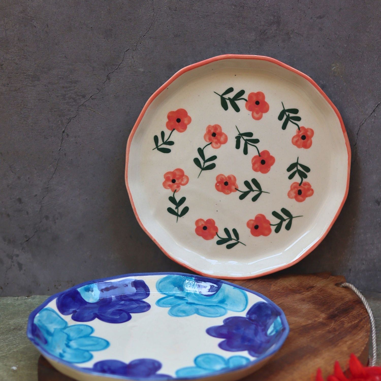 Handmade Set of 2 - Blue floral & Poppy Flower Snack plate combo