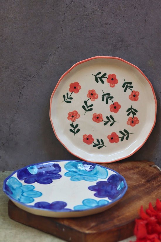 Handmade Set of 2 - Blue floral & Poppy Flower Snack plate combo