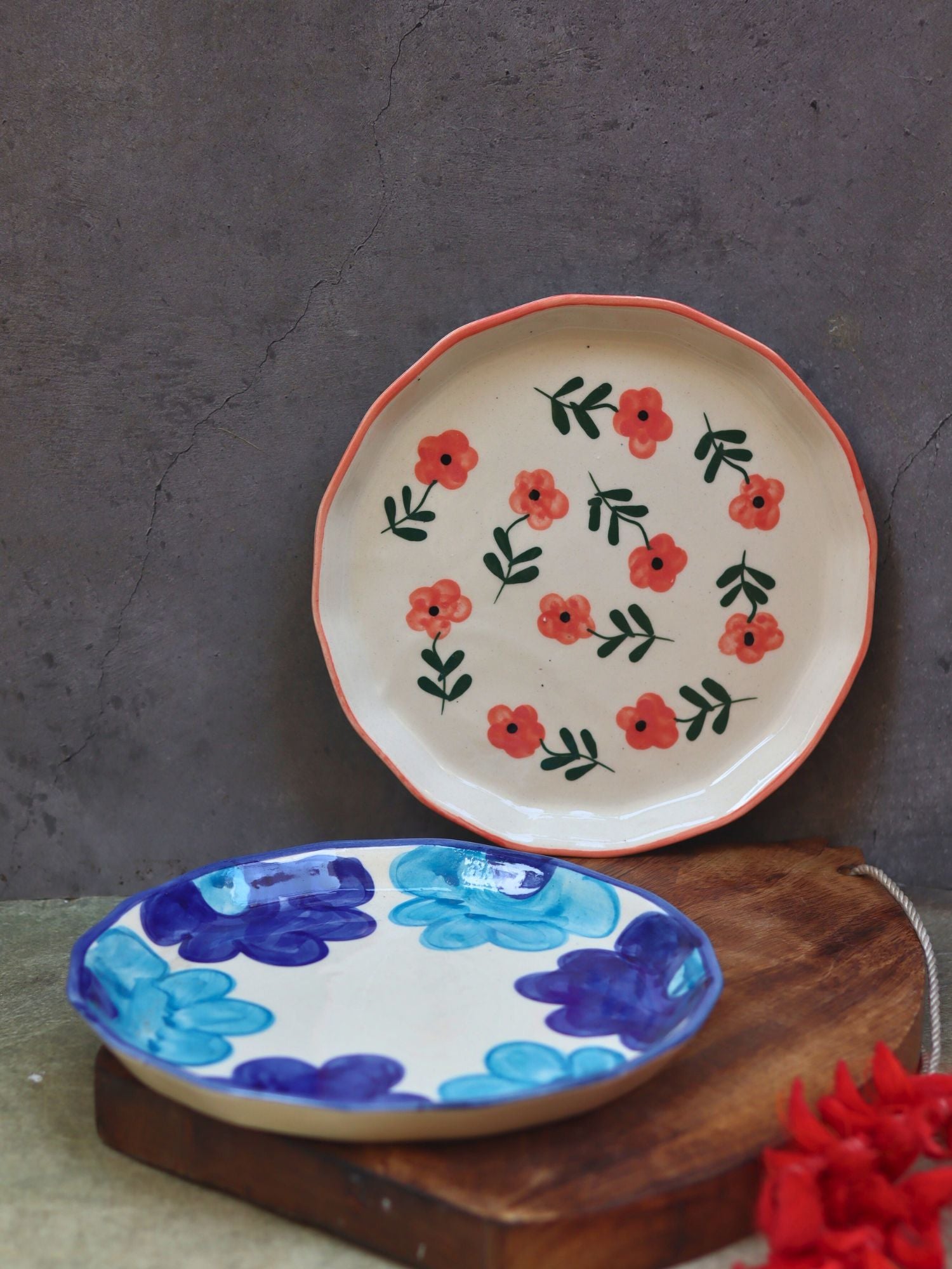 Handmade Set of 2 - Blue floral & Poppy Flower Snack plate combo