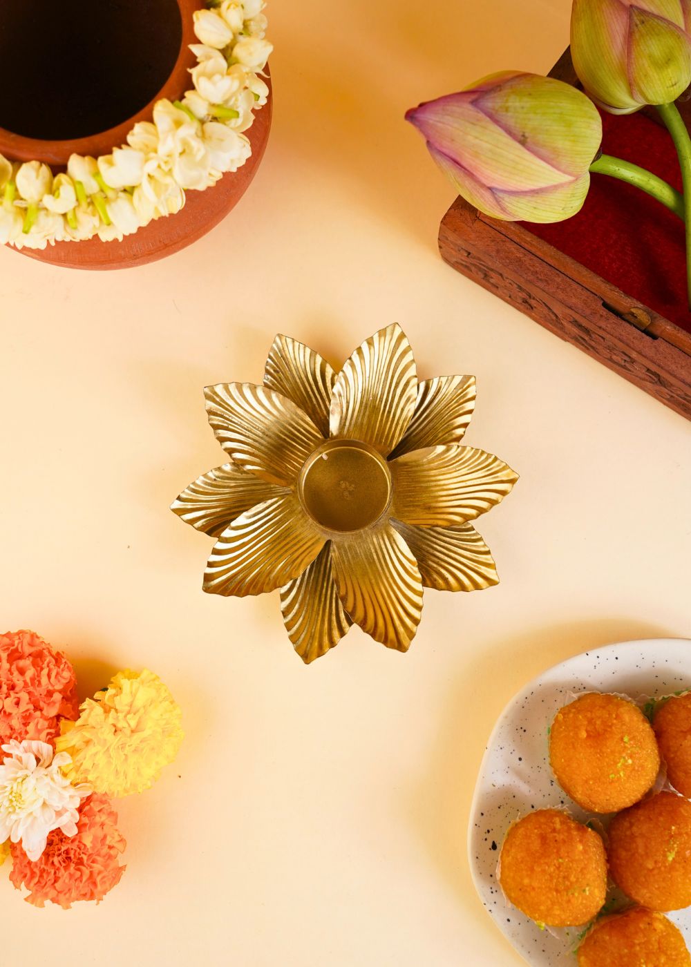 Handmade Golden Flower Tea Light Holder