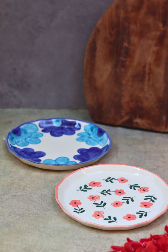 Set of 2 - Blue floral & Poppy Flower Snack plate combo made by ceramic