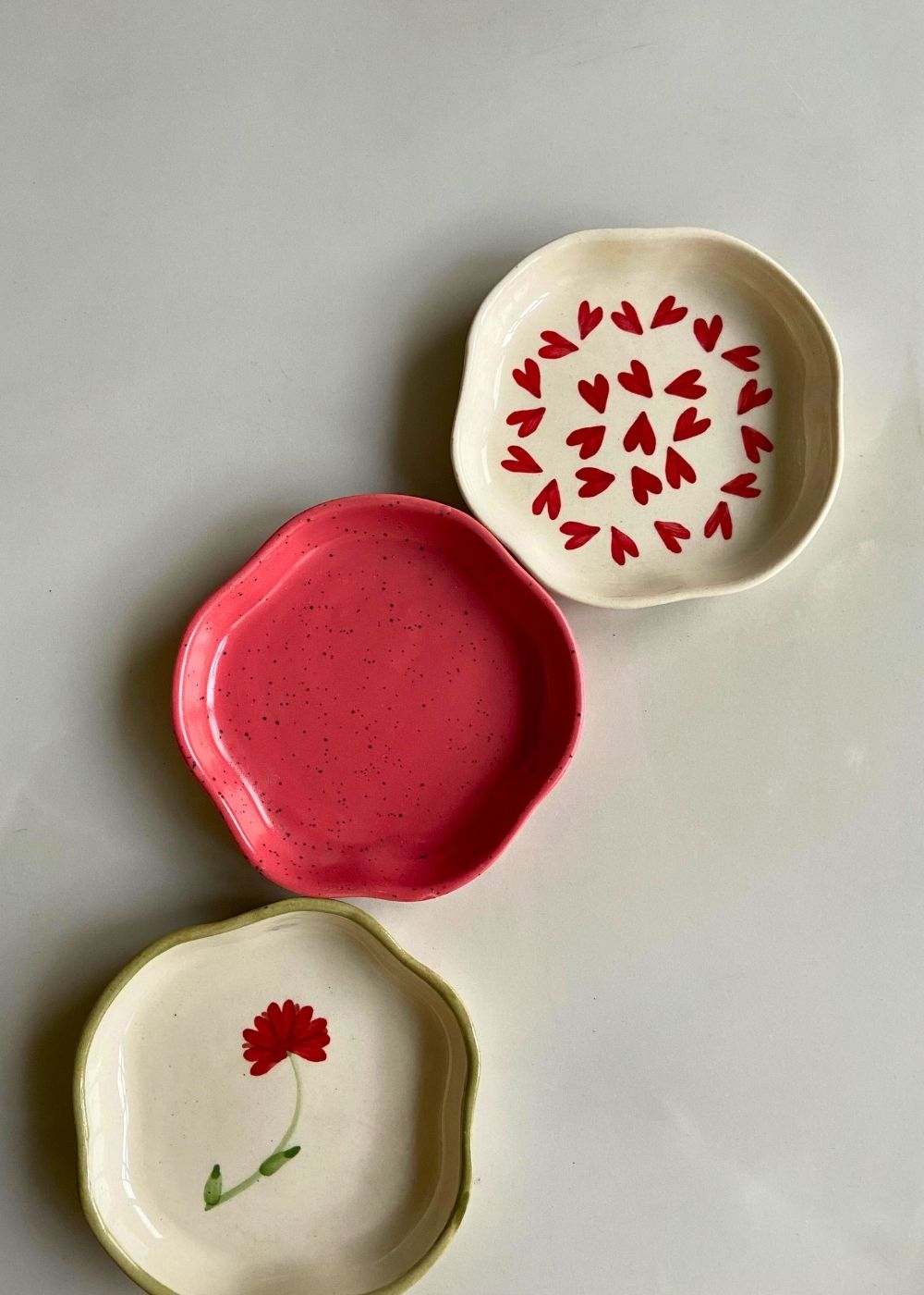 Red, All Heart & Daisy Handmade Dessert Plates  - Set of 3