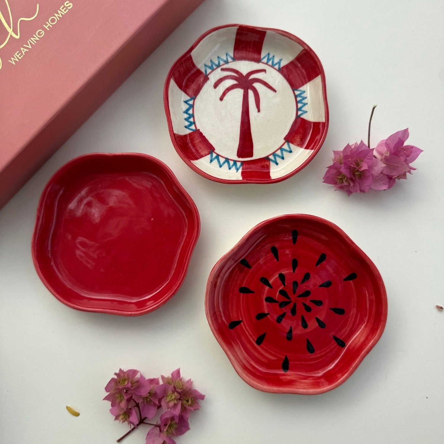 Set of 3 - Red Festive Dessert plates combo handmade in India