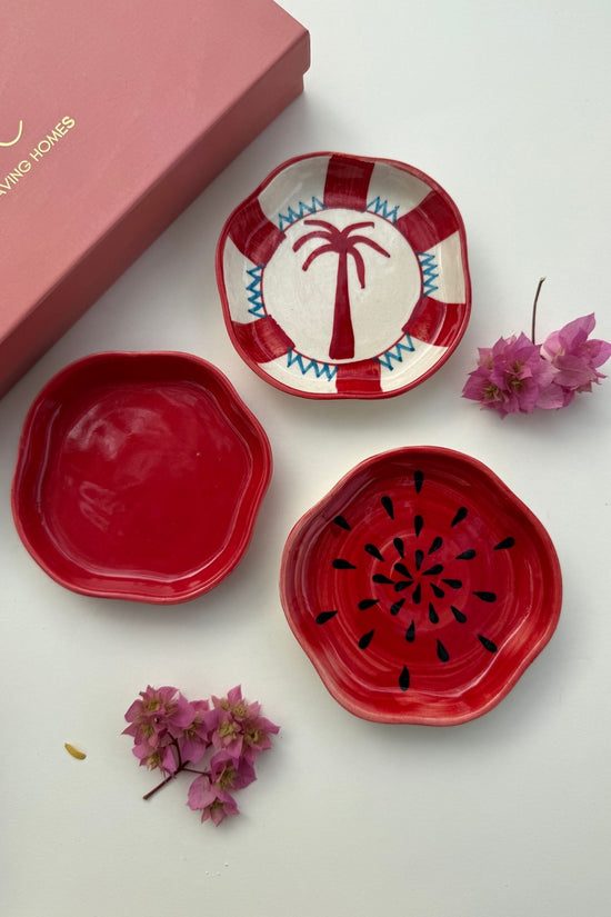 Set of 3 - Red Festive Dessert plates combo handmade in India