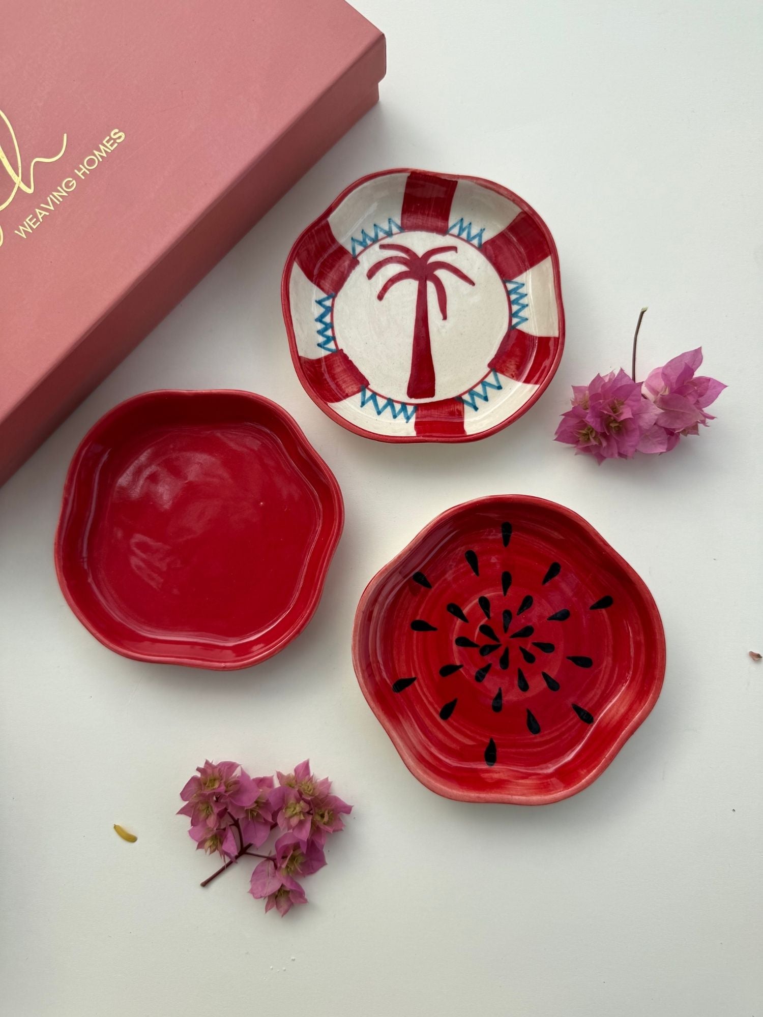 Set of 3 - Red Festive Dessert plates combo handmade in India