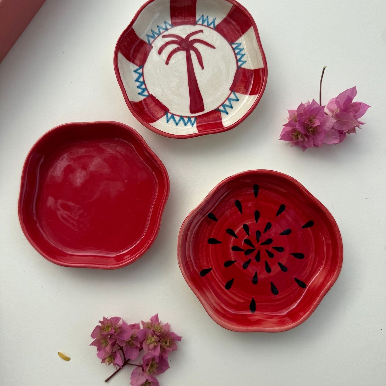 Set of 3 - Red Festive Dessert plates combo made by ceramic