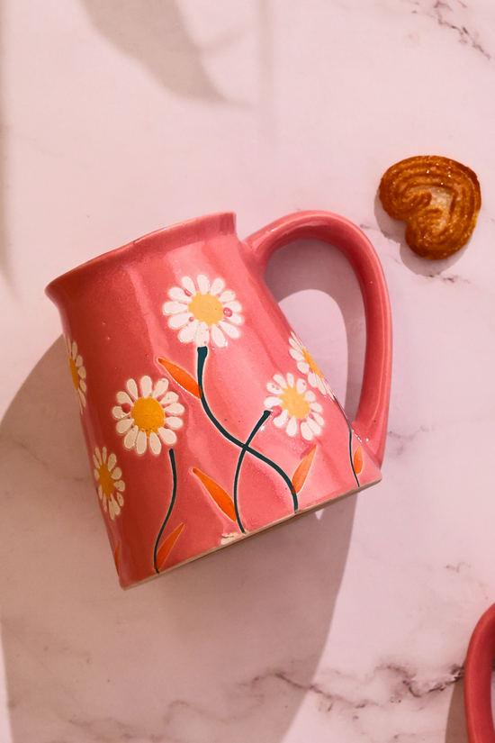Handmade pink mug with beautiful floral print