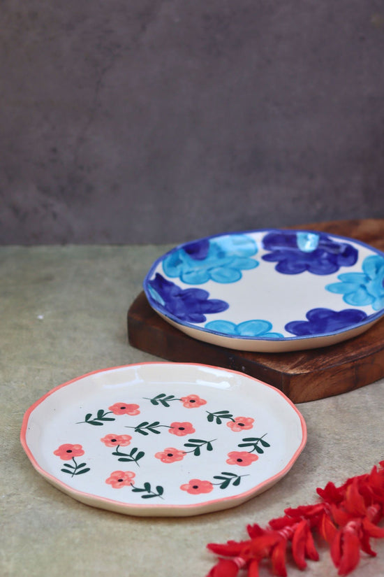 Set of 2 - Blue floral & Poppy Flower Snack plate combo handmade in India