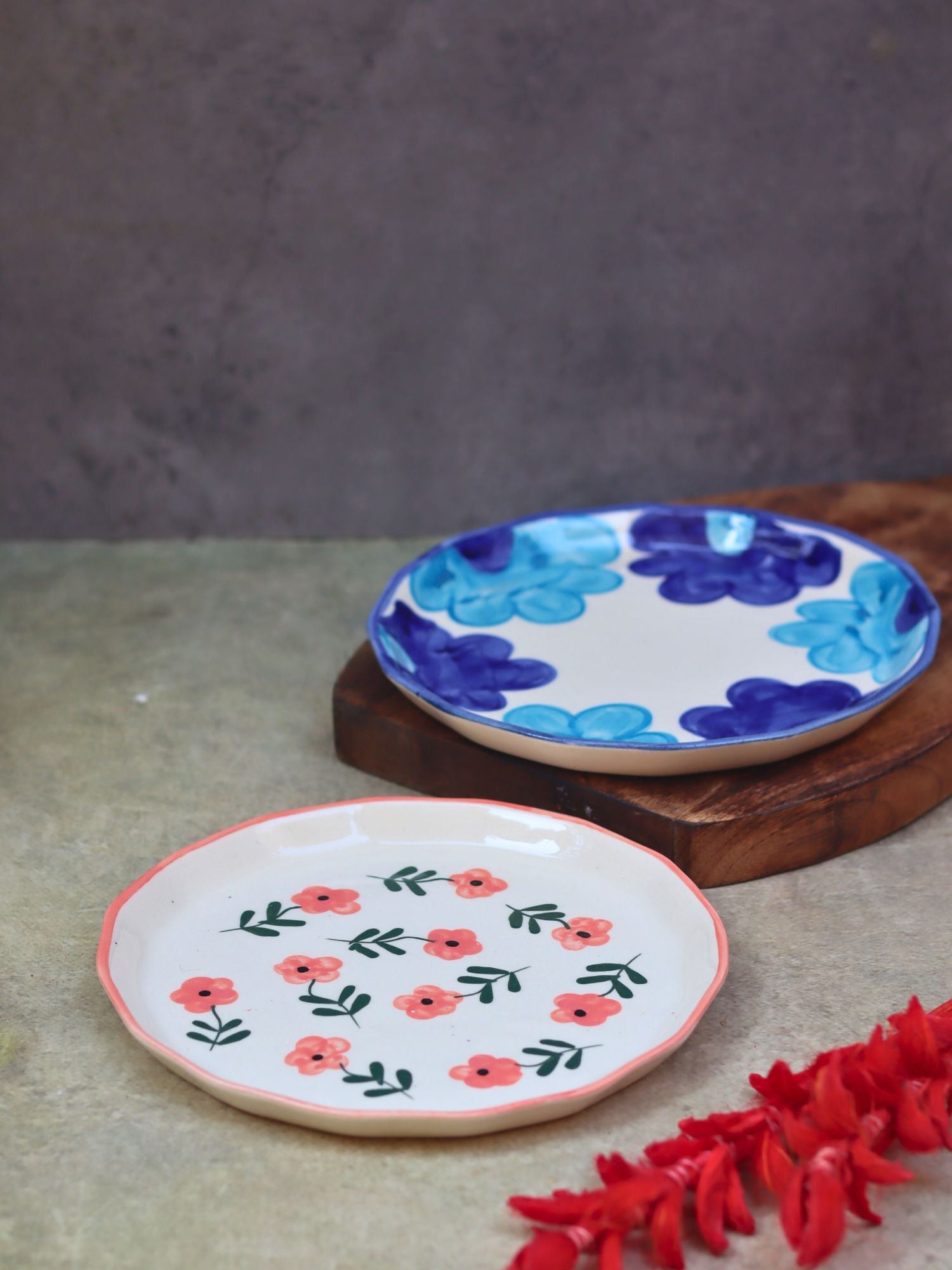 Set of 2 - Blue floral & Poppy Flower Snack plate combo handmade in India