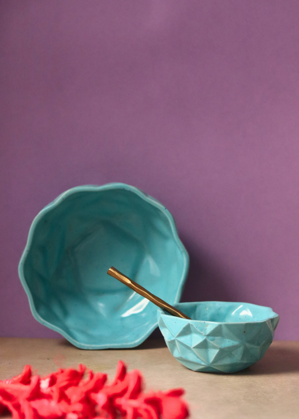 Handmade ceramic blue diamond breakfast bowl set