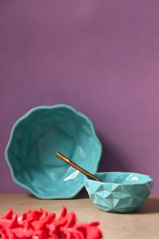 Handmade ceramic blue diamond breakfast bowl set