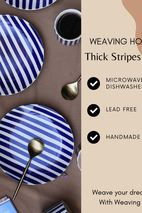 Handmade ceramic blue thick stripes plates signification