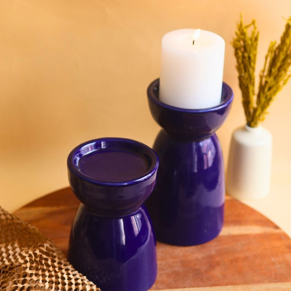 Set of 2 - Royal Blue Pillar Candle Holder made by ceramic