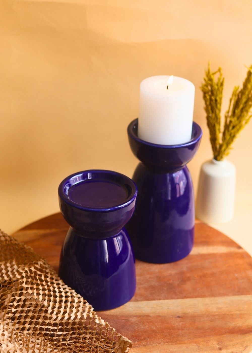 Set of 2 - Royal Blue Pillar Candle Holder made by ceramic