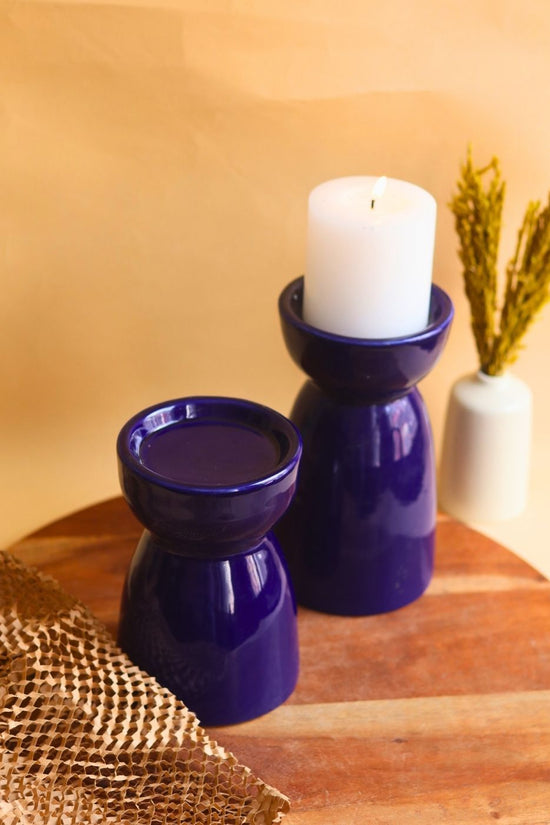 Set of 2 - Royal Blue Pillar Candle Holder made by ceramic