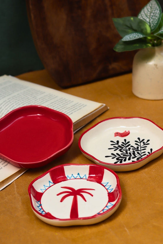 Birdie, Red & Palm Handmade Dessert Plate - Set of 3 handmade in India