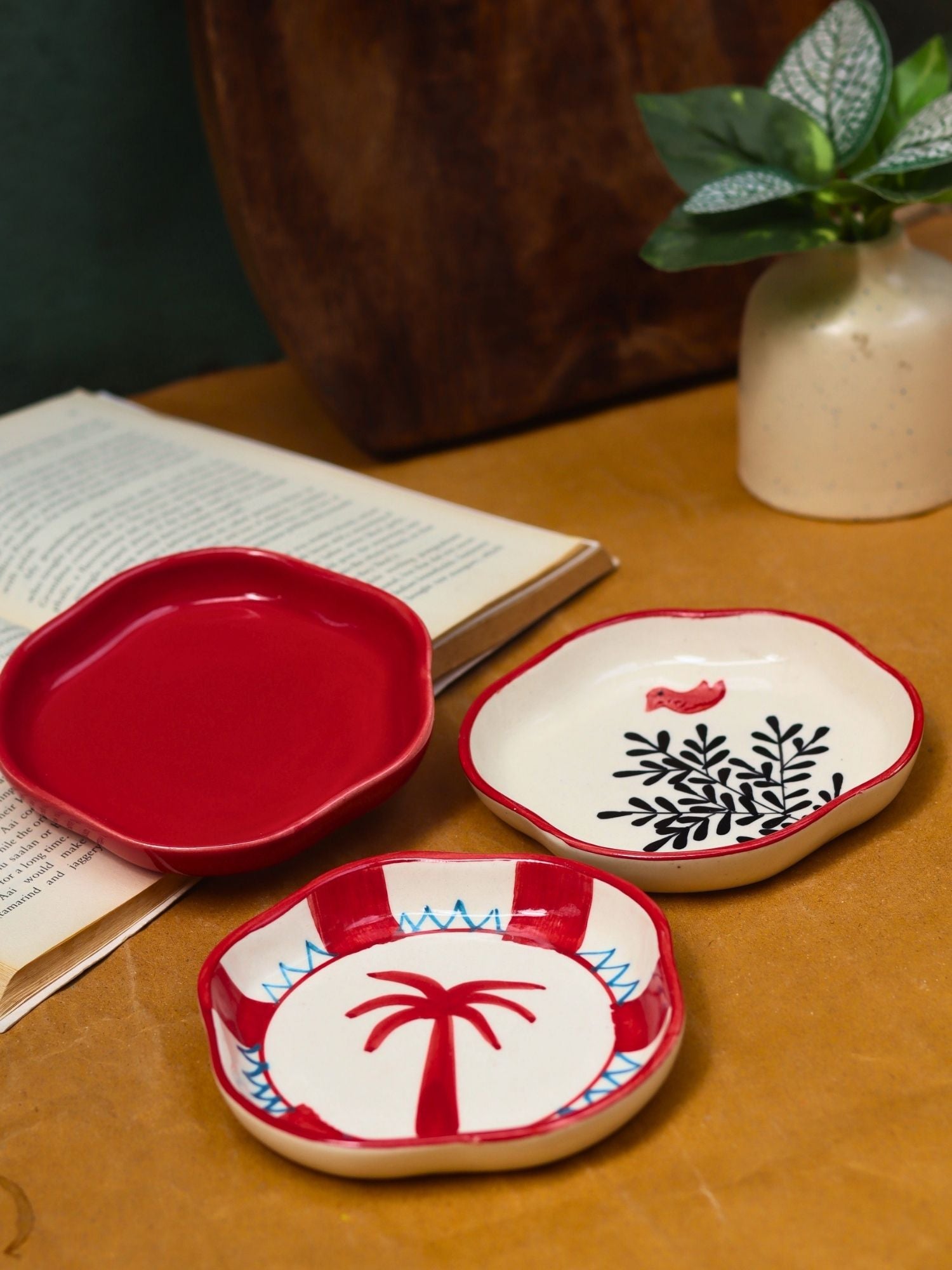 Birdie, Red & Palm Handmade Dessert Plate - Set of 3 handmade in India