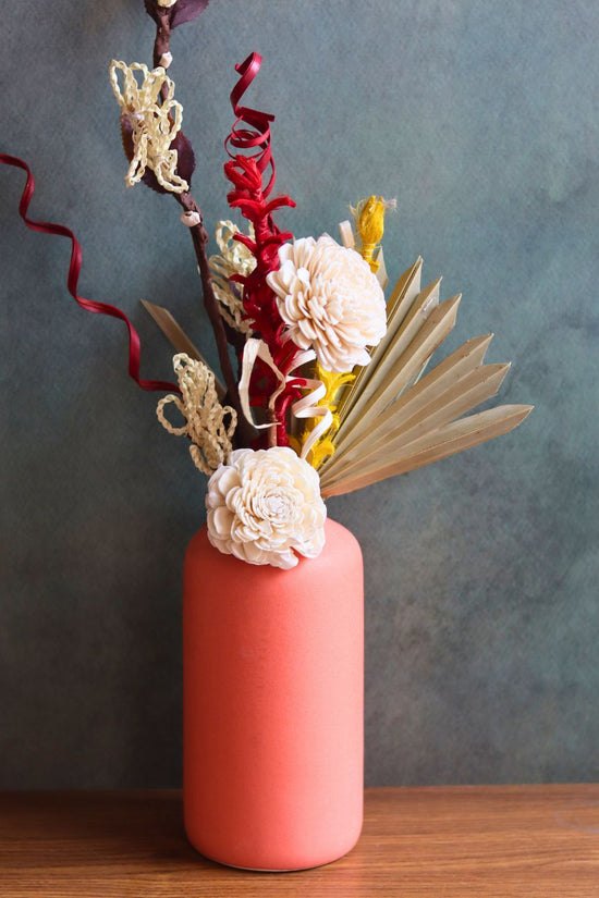 handmade orange vase with assorted bunch combo 