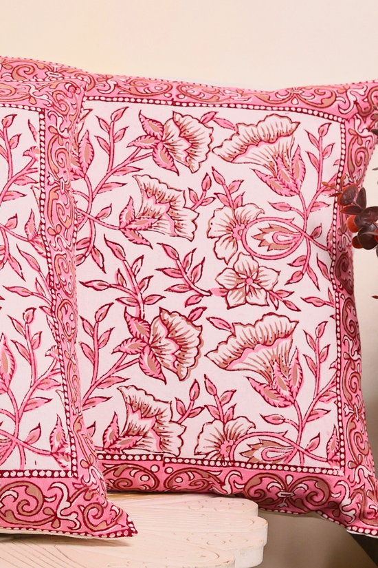 Pink amaryllis block printed cushion cover