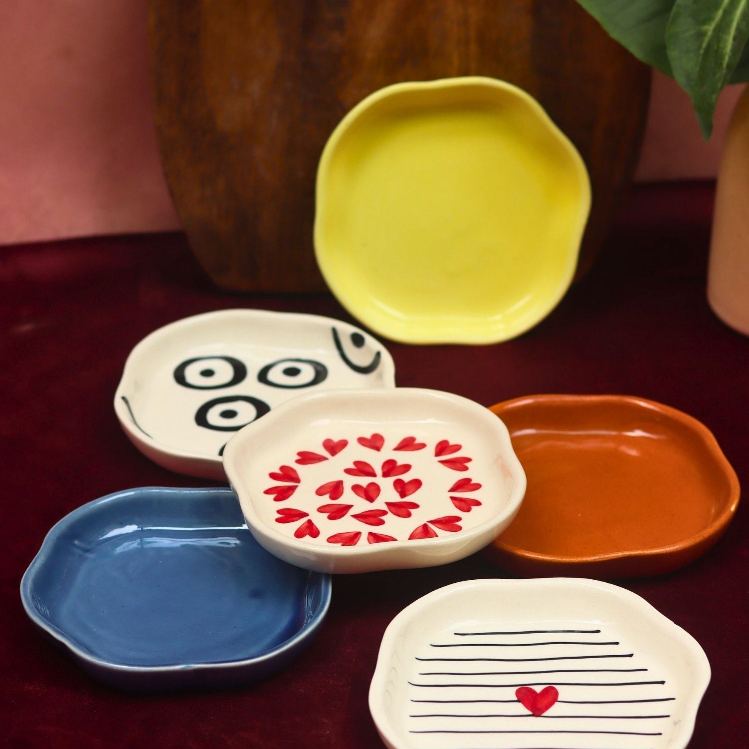 Lead free Set of 6 {Hearts & Neutrals} Handmade Dessert Plates (For the price of 5)
