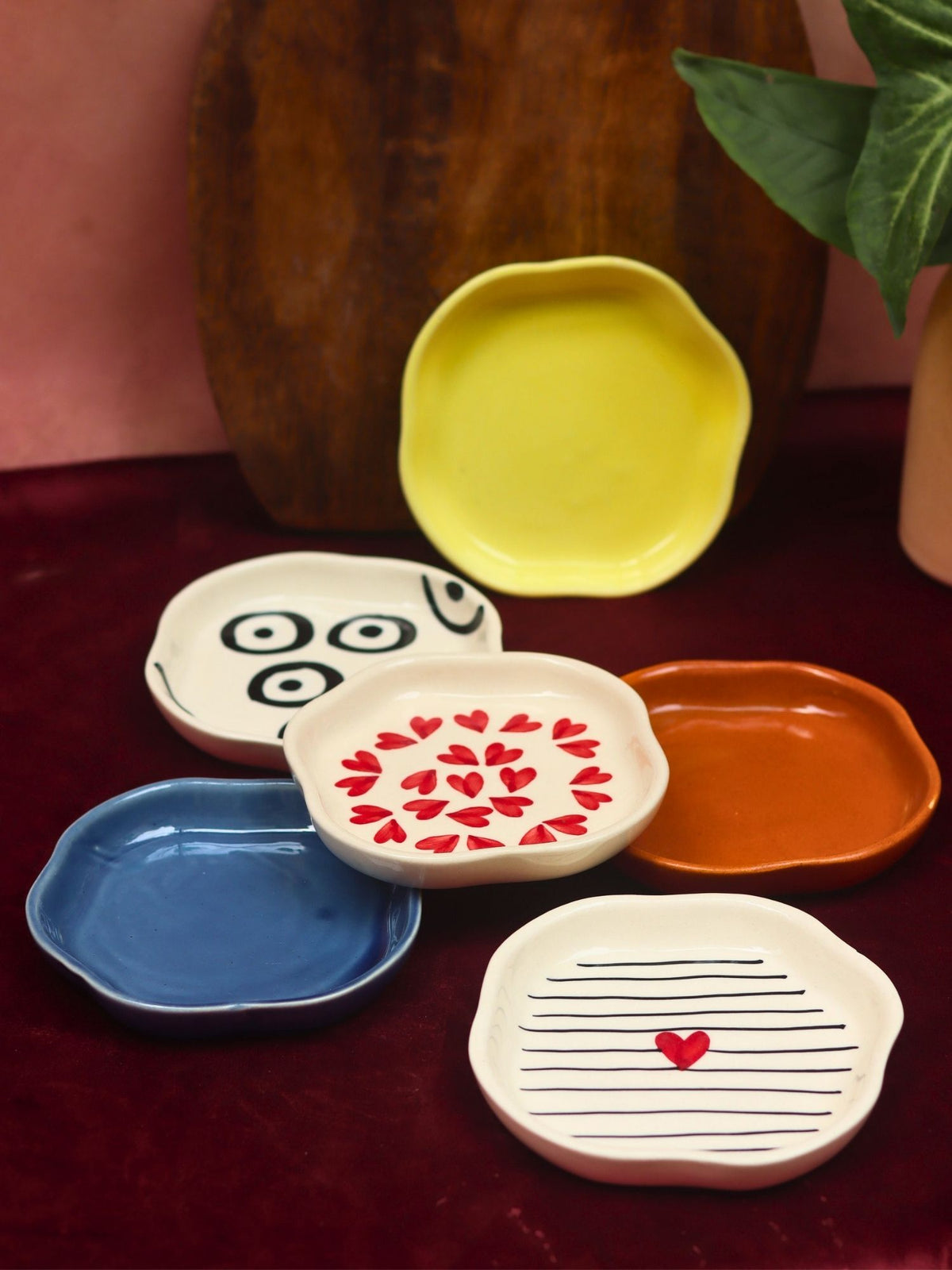 Lead free Set of 6 {Hearts & Neutrals} Handmade Dessert Plates (For the price of 5)