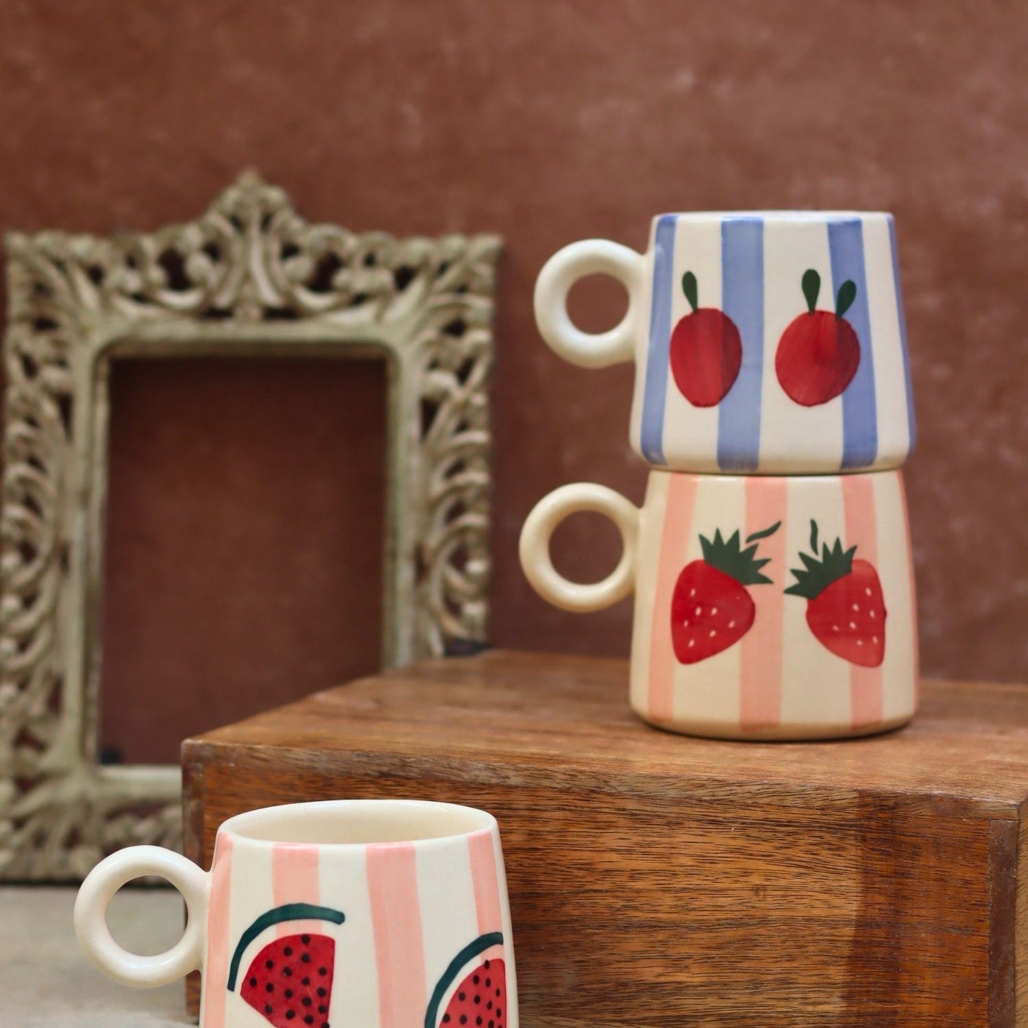 handmade Set of 3 Berry & Melon Mugs combo