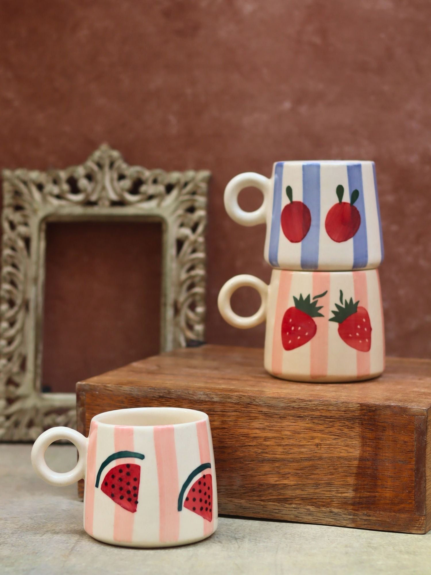 handmade Set of 3 Berry & Melon Mugs combo