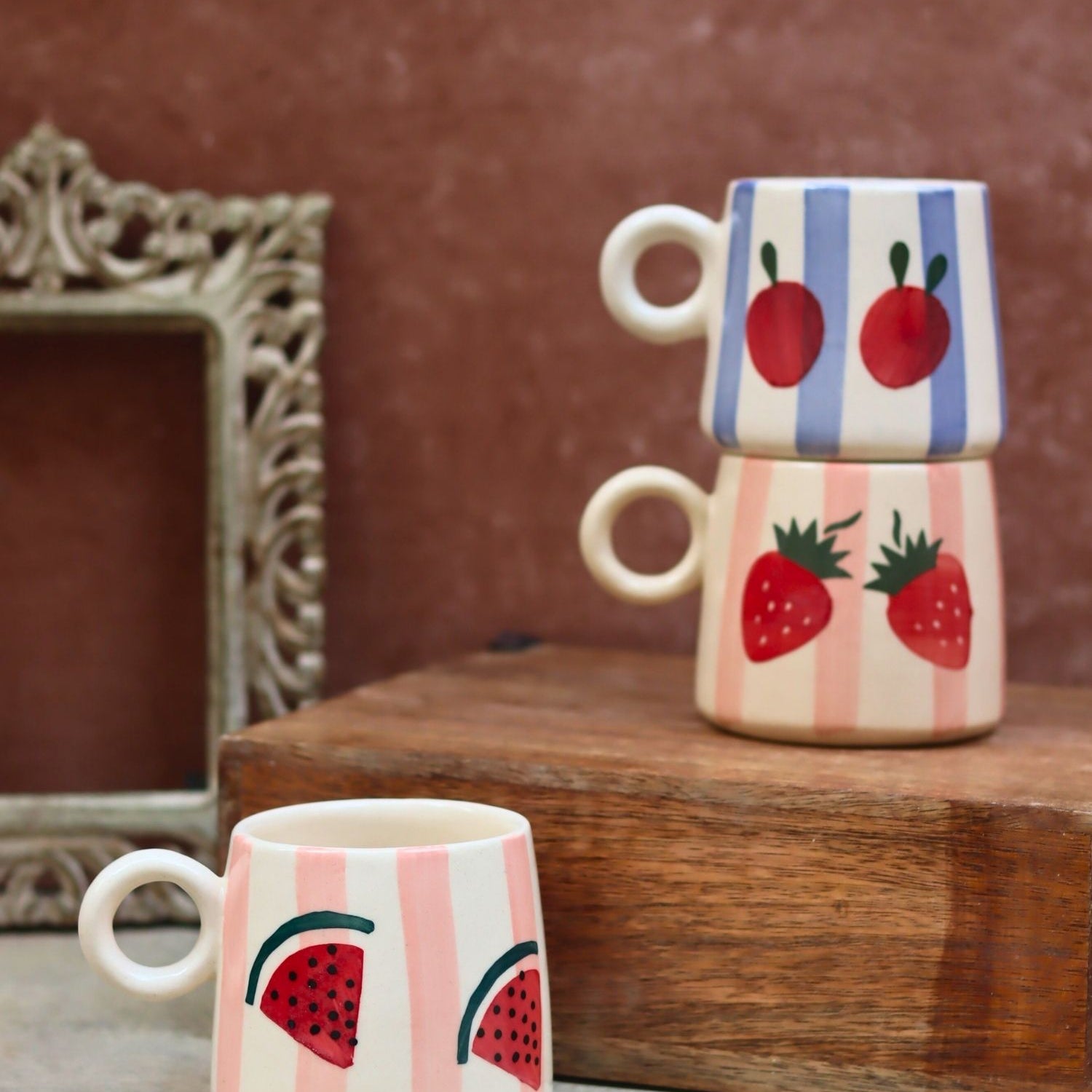 Set of 3 Berry & Melon Mugs combo made by ceramic