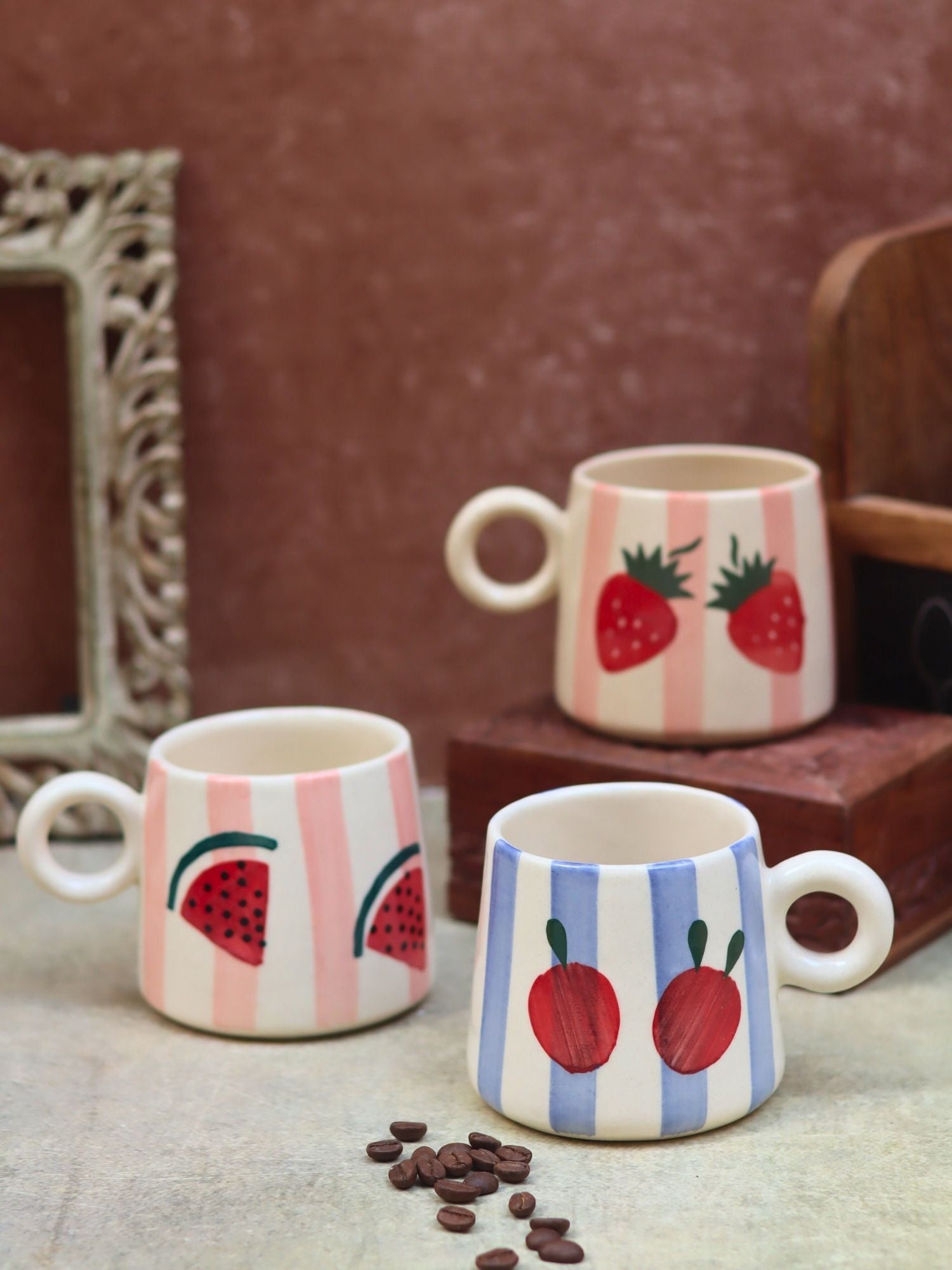 Set of 3 Berry & Melon Mugs combo handmade in India