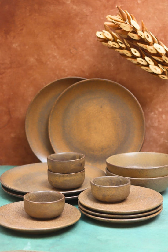Set of 14 -  Woody Brown Dinner set handmade in India