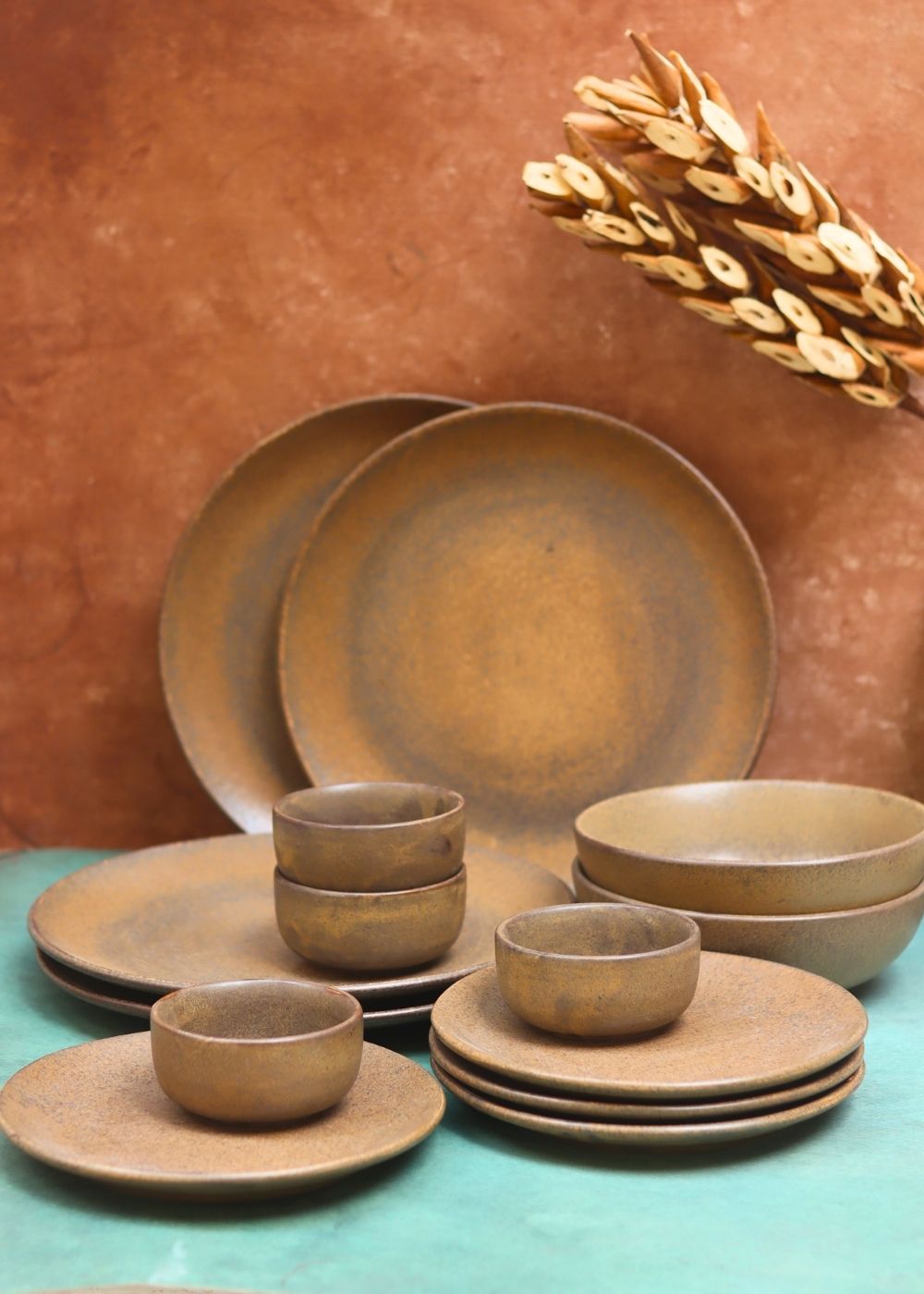 Set of 14 -  Woody Brown Dinner set handmade in India