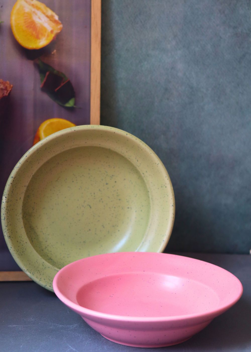 rosy Pink & army green pasta plates handmade in india 