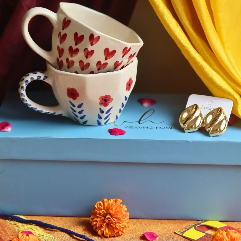 Handmade Rakhi Heart & Spring Mug gift box with Rakhi & Earrings