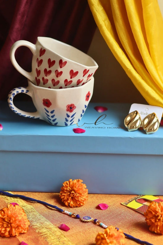 Handmade Rakhi Heart & Spring Mug gift box with Rakhi & Earrings