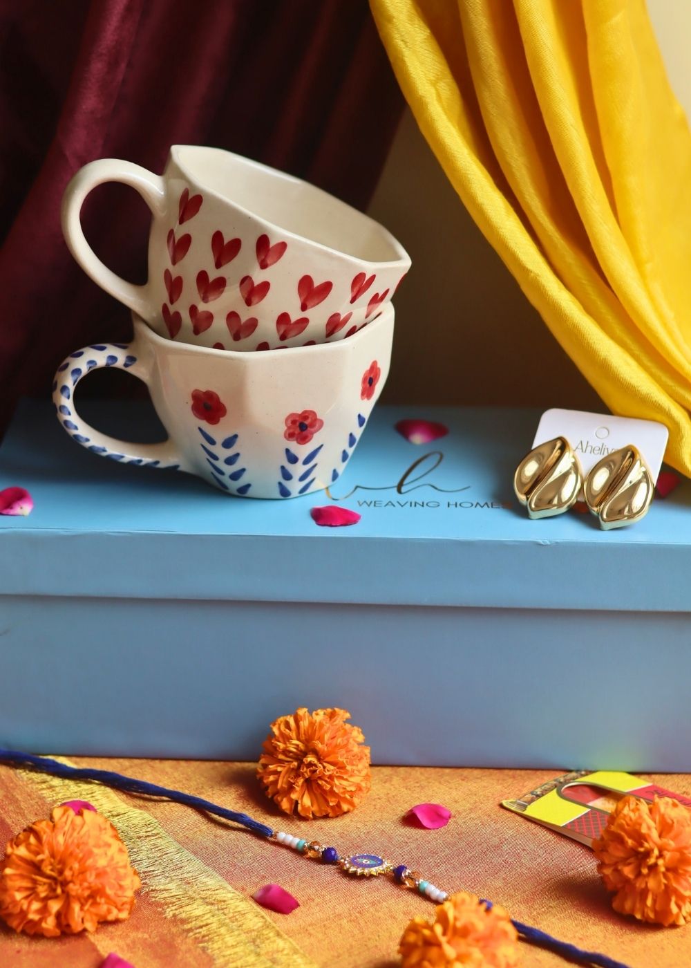 Handmade Rakhi Heart & Spring Mug gift box with Rakhi & Earrings