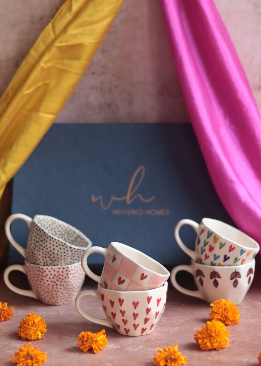 Handmade Set of 6 Heart & Polka Artful Mugs (for the price of 5) Diwali Gift Box