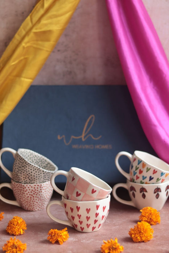 Handmade Set of 6 Heart & Polka Artful Mugs (for the price of 5) Diwali Gift Box