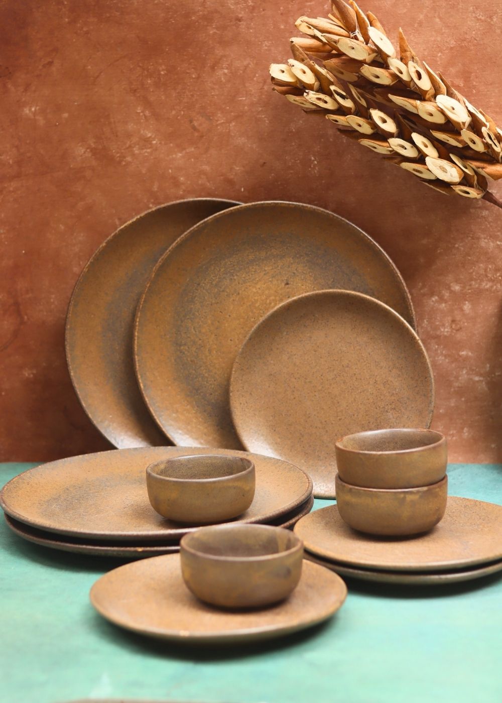 Set of 12 - Woody Brown Dinner set handmade in India