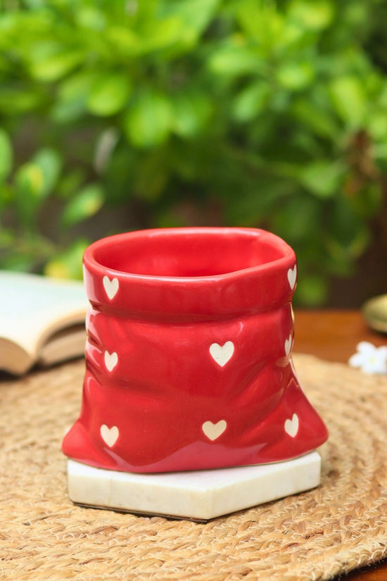 Red Heart Pouch Mug handmade in India