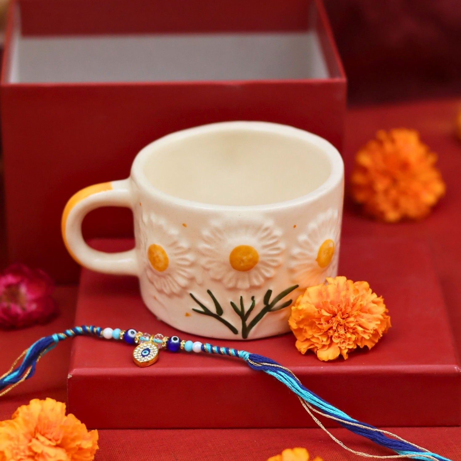 handmade Sunflower Bloom Mug in a Gift box with Rakhi