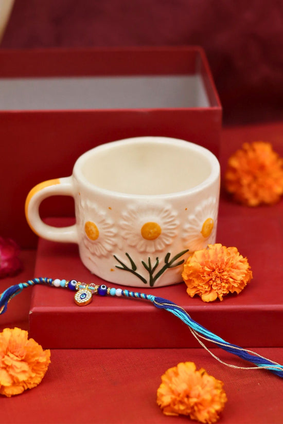 handmade Sunflower Bloom Mug in a Gift box with Rakhi